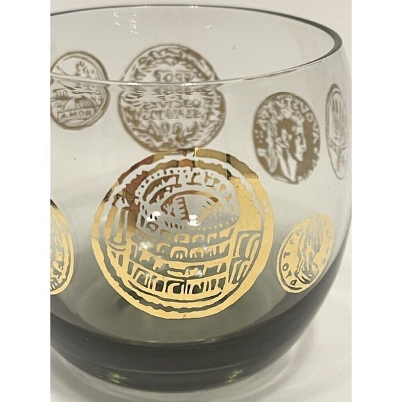 Vintage MCM Roly Poly Drinking Glass 10oz Roma Coin Smoked Barware Whiskey Rocks - Picture 2 of 4